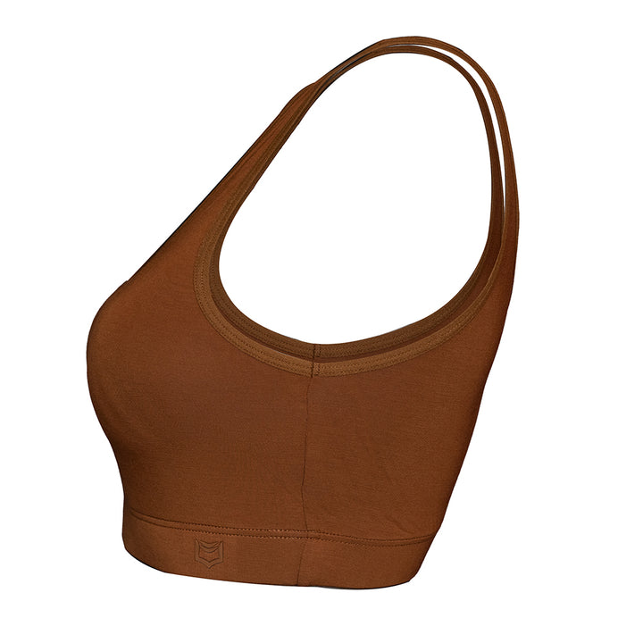 SHEATH Brown padded comfort bralette crafted from soft breathable bamboo fabric, featuring a supportive ergonomic design for all-day wear and moisture-wicking performance. side view