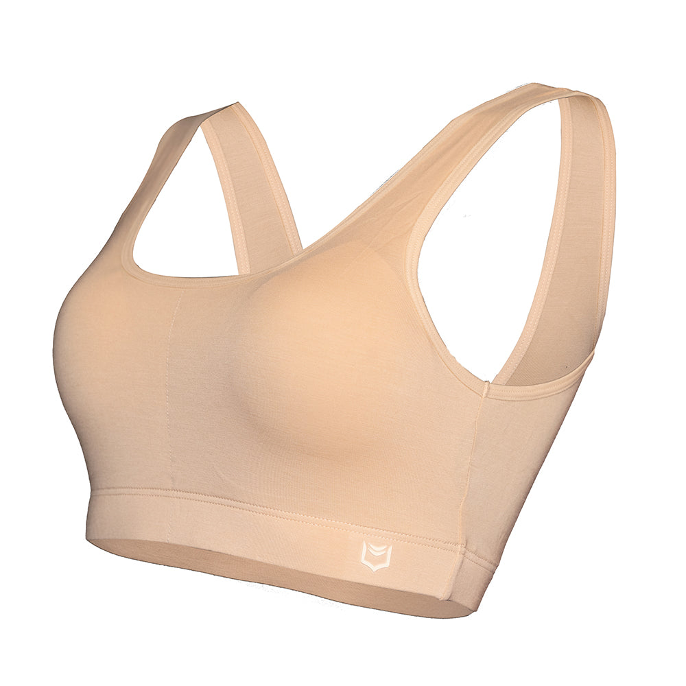 SHEATH Nude padded comfort bralette made from breathable bamboo fabric, featuring a supportive ergonomic design for all-day comfort and moisture-wicking performance. left angle view