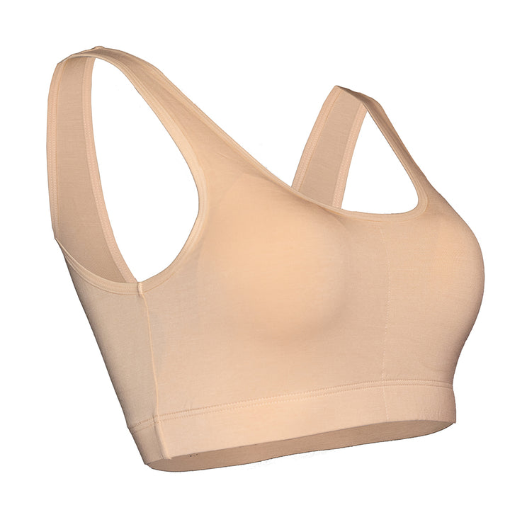 SHEATH Nude padded comfort bralette made with breathable bamboo fabric, featuring a supportive ergonomic design and moisture-wicking properties for all-day wear. right angle view