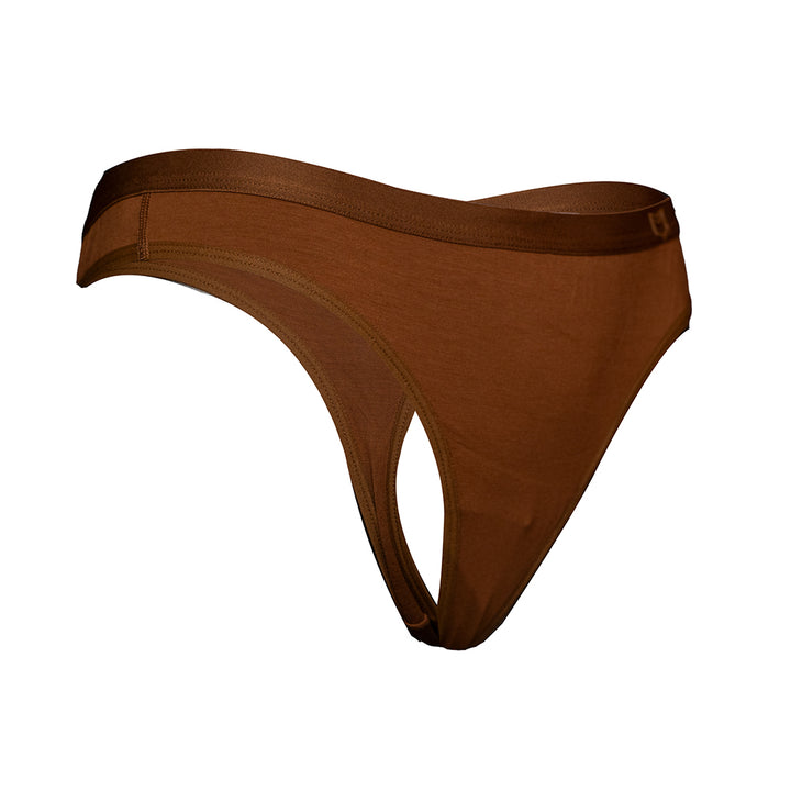 SHEATH brown bamboo thong for women with breathable, moisture-wicking fabric and an ergonomic design that offers anti-chafing comfort and support for everyday wear. right angle view