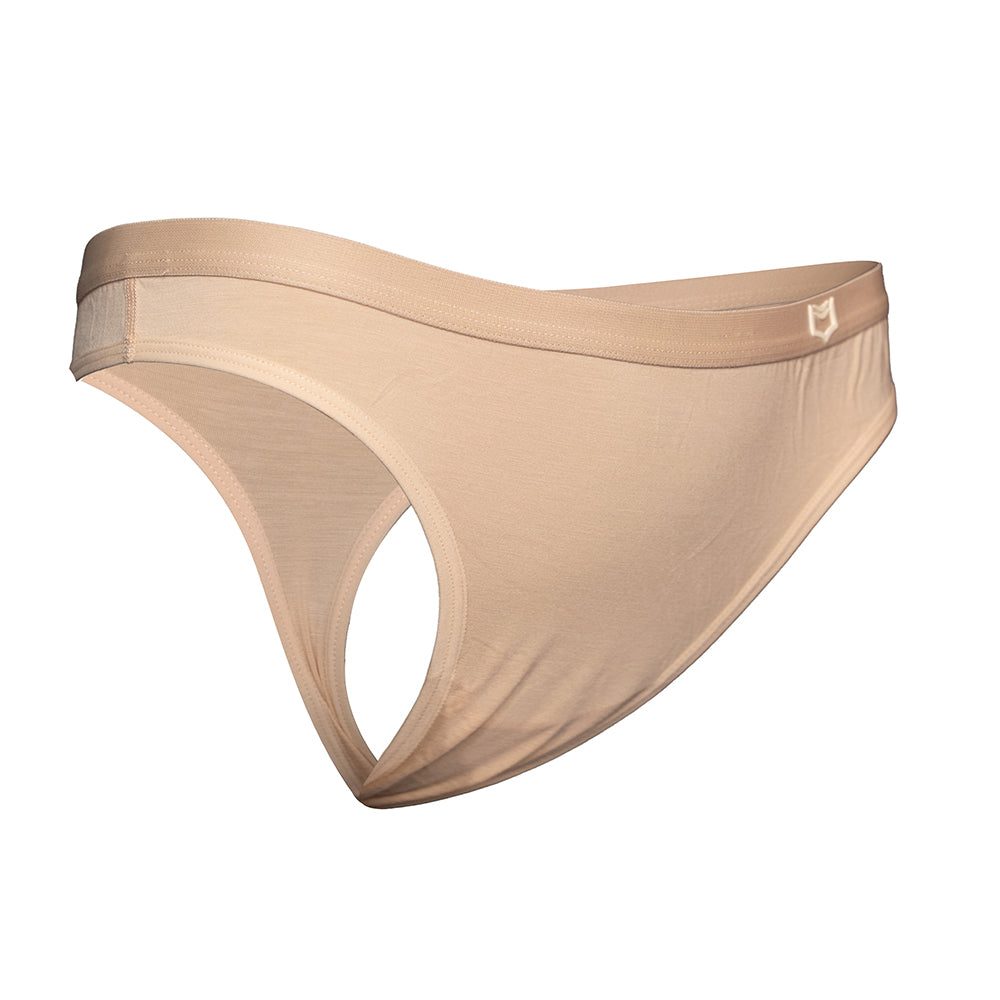 SHEATH nude bamboo thong for women with breathable, moisture-wicking fabric and an ergonomic design that offers anti-chafing comfort and support for everyday wear. right angle view