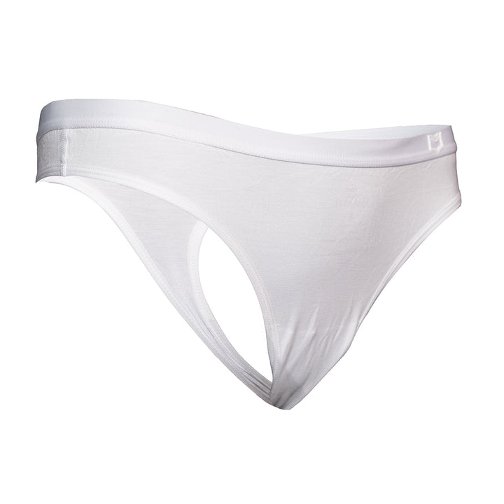SHEATH white bamboo thong for women with breathable, moisture-wicking fabric and an ergonomic design that offers anti-chafing comfort and support for everyday wear. right angle view