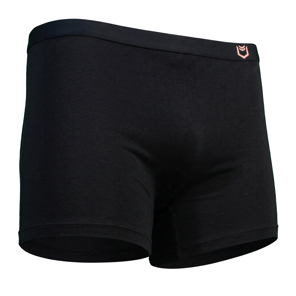 SHEATH black bamboo boxer briefs for women with moisture-wicking breathable fabric, ergonomic support, and anti-chafing comfort for daily wear right angle view