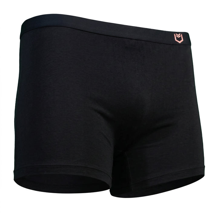 SHEATH black bamboo boxer briefs for women with moisture-wicking breathable fabric, ergonomic support, and anti-chafing comfort for daily wear right angle view