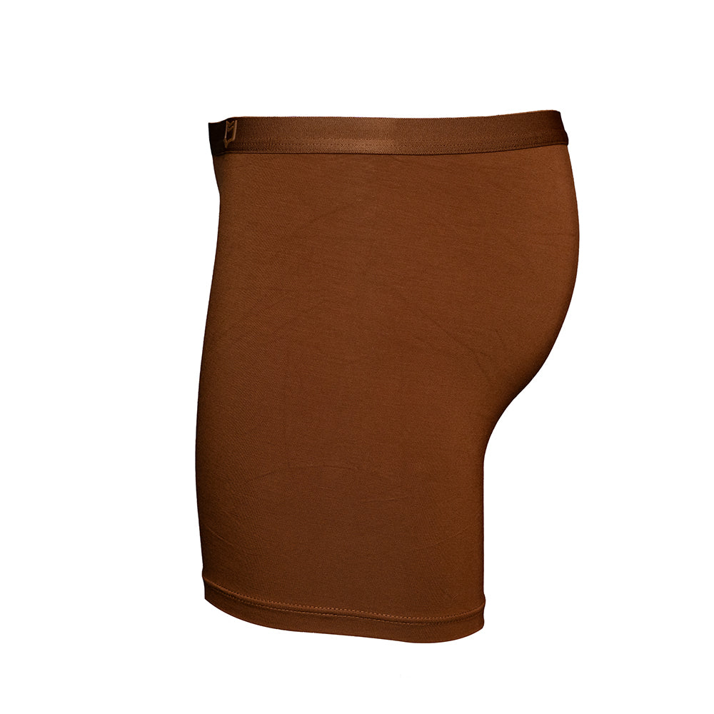 SHEATH brown long leg boxer brief with black hexagon pattern, made from breathable bamboo fabric and designed for anti-chafing comfort. side view