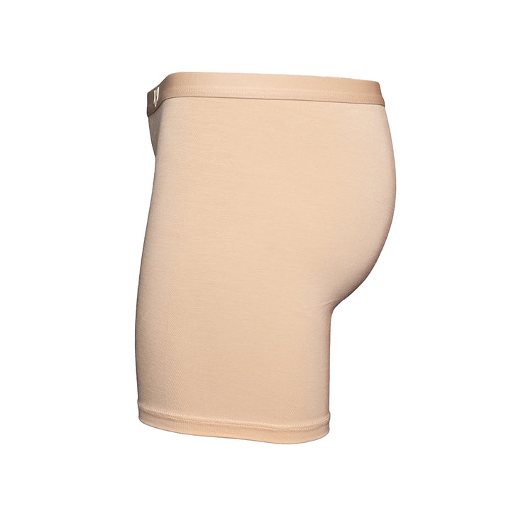 SHEATH nude long leg boxer brief with black hexagon pattern, made from breathable bamboo fabric and designed for anti-chafing comfort. side view