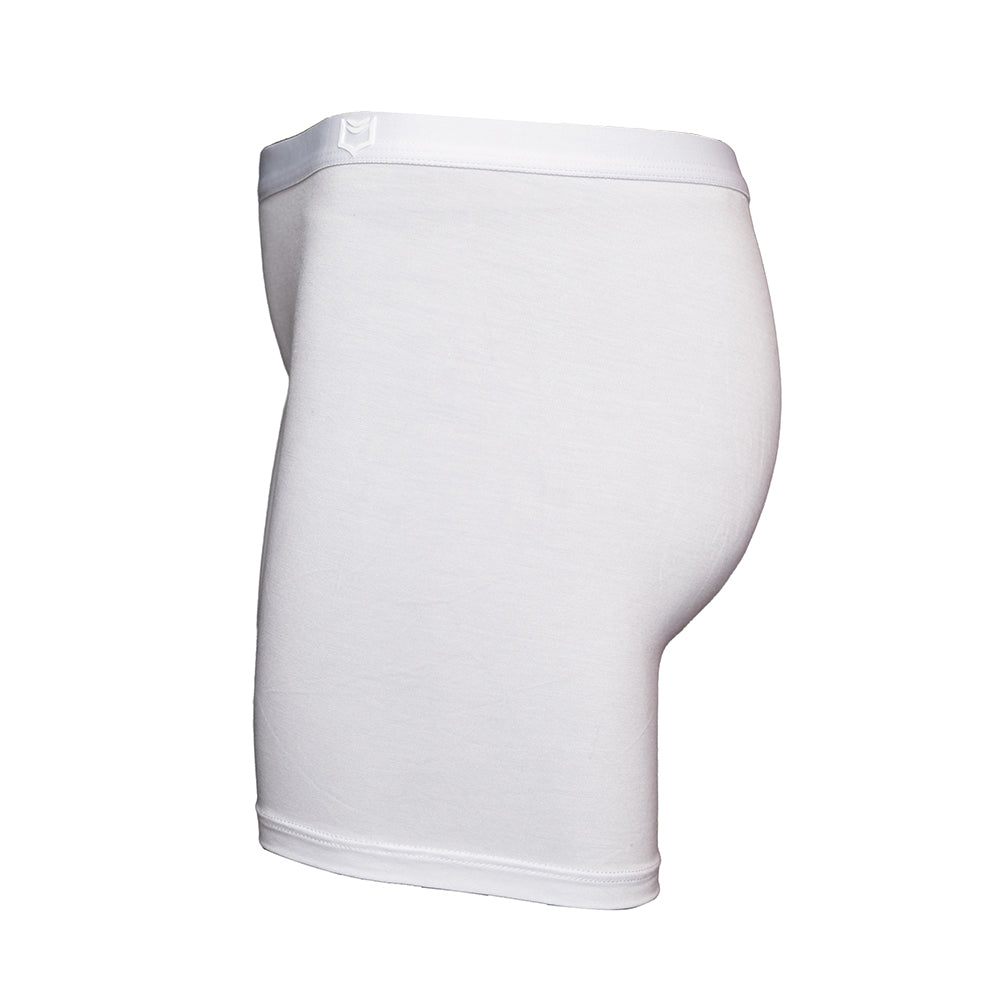 SHEATH white long leg boxer brief with black hexagon pattern, made from breathable bamboo fabric and designed for anti-chafing comfort. side view