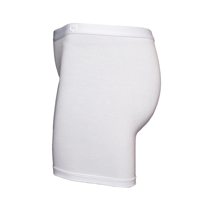 SHEATH white long leg boxer brief with black hexagon pattern, made from breathable bamboo fabric and designed for anti-chafing comfort. side view