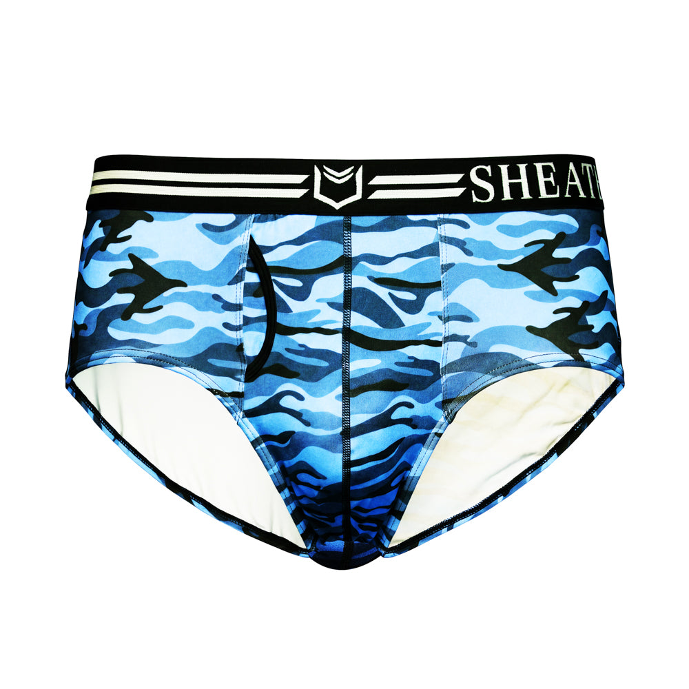 Men's american briefs in blue and black camouflage pattern, featuring ergonomic dual pouch design, breathable moisture-wicking fabric, and black waistband with white stripes and logo.#color_ocean-blue