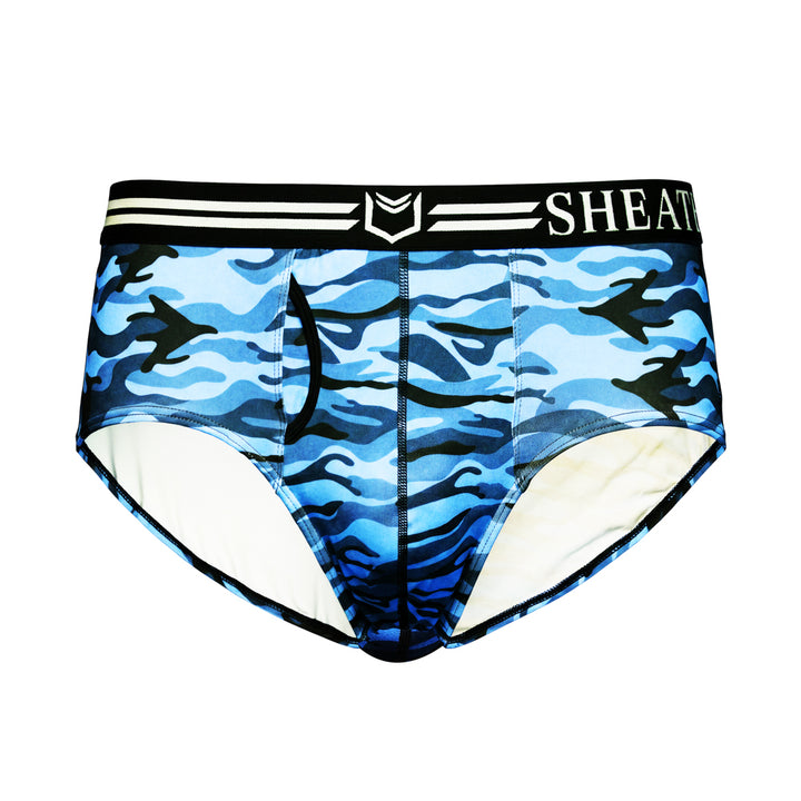 Men's american briefs in blue and black camouflage pattern, featuring ergonomic dual pouch design, breathable moisture-wicking fabric, and black waistband with white stripes and logo.#color_ocean-blue