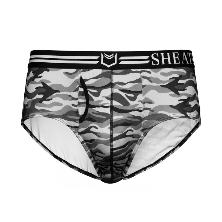 SHEATH camo American briefs in black, gray, and white tones with dual pouch ergonomic support, breathable moisture-wicking polyester fabric, anti-chafing design, and branded elastic waistband. front view#color_winter-gray