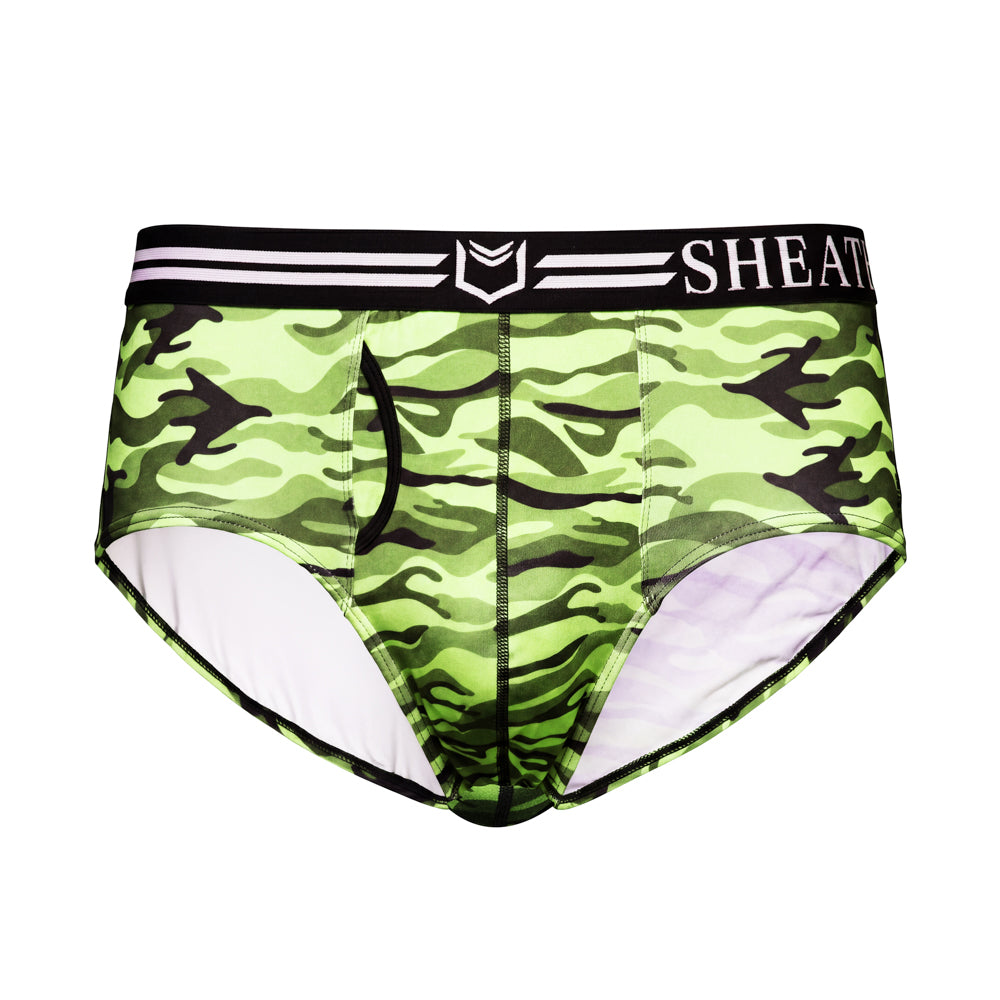 SHEATH American briefs in green camo pattern featuring dual pouch support, breathable polyester fabric, ergonomic fit, anti-chafing design, and a branded elastic waistband. front view#color_forest-green