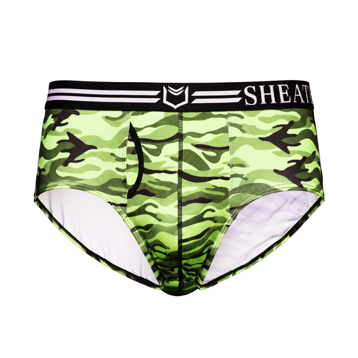 SHEATH American briefs in green camo pattern featuring dual pouch support, breathable polyester fabric, ergonomic fit, anti-chafing design, and a branded elastic waistband. front view#color_forest-green