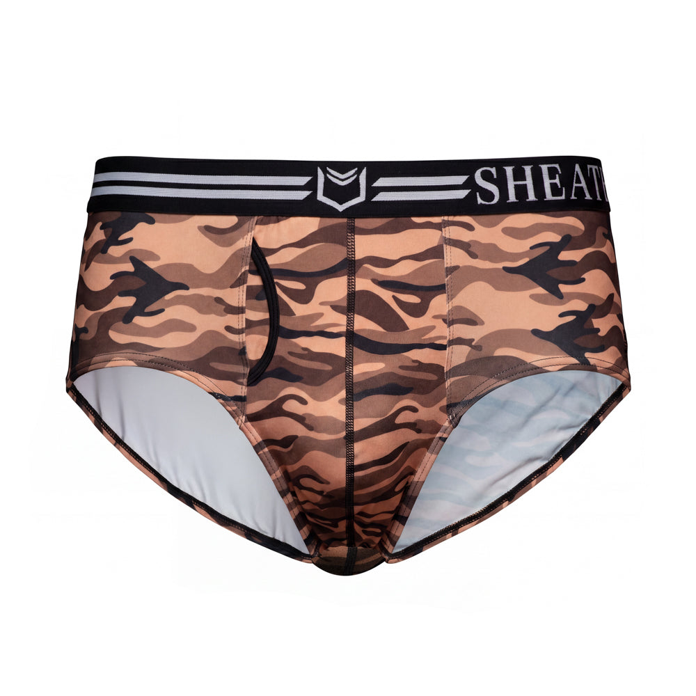 Men's American briefs in red and black camouflage pattern, featuring ergonomic dual pouch design, breathable moisture-wicking fabric, and black waistband with white stripes and logo.#color_desert-red