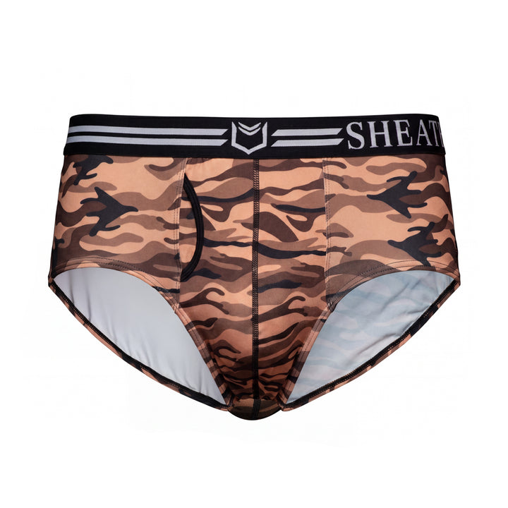 Men's American briefs in red and black camouflage pattern, featuring ergonomic dual pouch design, breathable moisture-wicking fabric, and black waistband with white stripes and logo.#color_desert-red