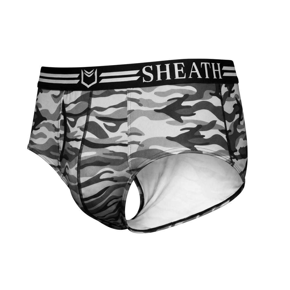 SHEATH Gray and black camo men's American briefs featuring dual pouch ergonomic support, breathable moisture-wicking fabric, anti-chafing comfort, and a branded elastic waistband with black trim left angle view#color_winter-gray