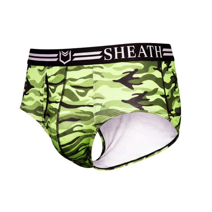 SHEATH Green camo men's American briefs featuring dual pouch support, moisture-wicking breathable polyester fabric, ergonomic fit, anti-chafing design, and a branded elastic waistband. left angle view#color_forest-green