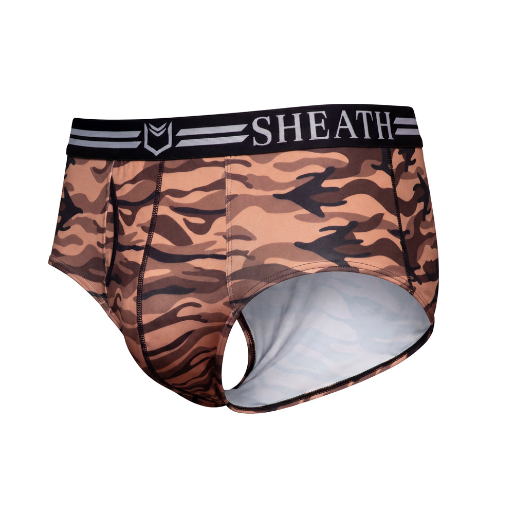 SHEATH Red and black camo men's American briefs featuring dual pouch ergonomic support, breathable moisture-wicking fabric, anti-chafing comfort, and a branded elastic waistband with black trim left angle view#color_desert-red
