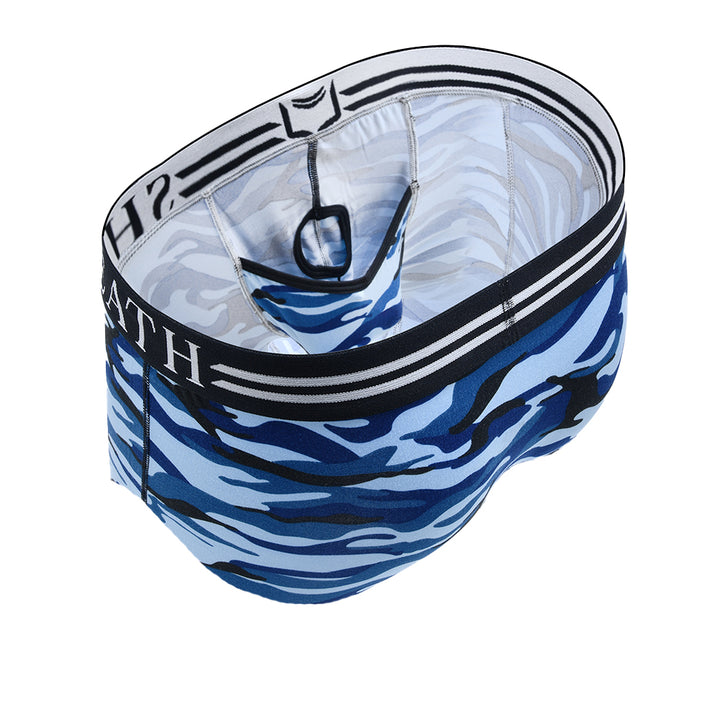 Blue camo men's American briefs with ergonomic dual pouch support, breathable moisture-wicking fabric, and a black-and-white branded waistband for all-day anti-chafing comfort.#color_ocean-blue
