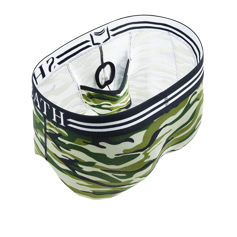 SHEATH green camo American briefs featuring dual pouch support, breathable moisture-wicking polyester fabric, ergonomic anti-chafing design, and a branded elastic waistband with black and white stripes. pouch detail view#color_forest-green