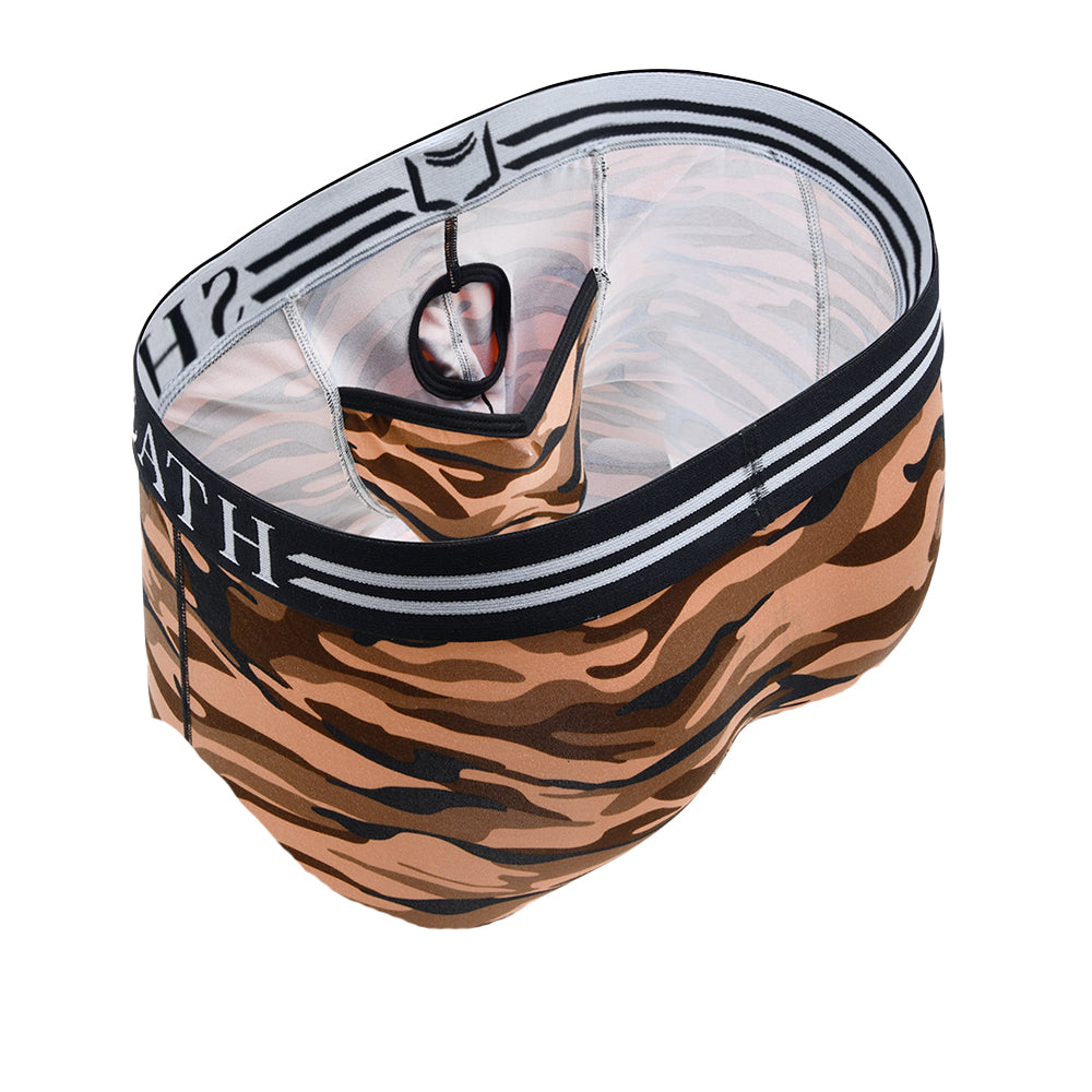 Red camo men's American briefs with ergonomic dual pouch support, breathable moisture-wicking fabric, and a black-and-white branded waistband for all-day anti-chafing comfort.#color_desert-red