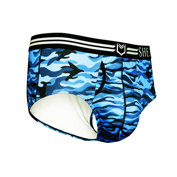 Men's American briefs in blue ocean camouflage pattern with ergonomic dual pouch design, breathable moisture-wicking fabric, and black waistband with white stripe and logo#color_ocean-blue