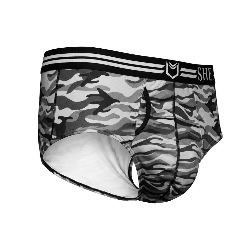 SHEATH polyester American briefs in winter gray camo pattern featuring dual pouch ergonomic support, breathable moisture-wicking fabric, anti-chafing design, and a branded elastic waistband with black and white stripes right angle view#color_winter-gray