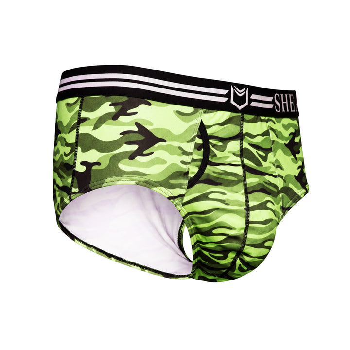SHEATH Green camo men's American briefs featuring dual pouch support, breathable moisture-wicking fabric, and an ergonomic design with anti-chafing comfort and a contrast waistband. right angle view#color_forest-green