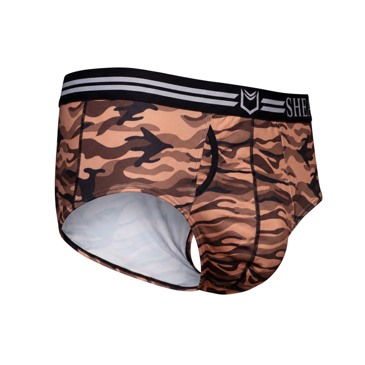 SHEATH Red camo men's American briefs featuring dual pouch support, breathable moisture-wicking fabric, and an ergonomic design with anti-chafing comfort and a contrast waistband. right angle view#color_desert-red