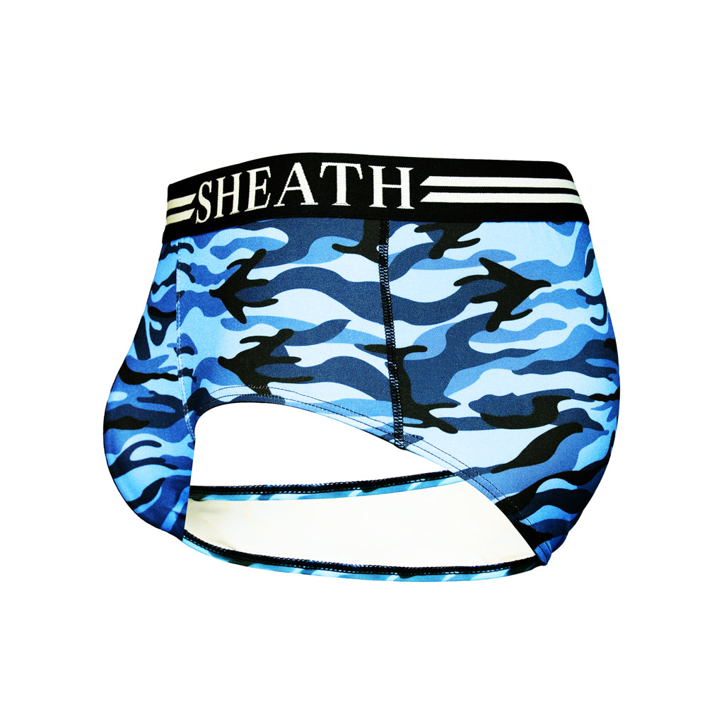 Men's American briefs with a blue ocean camouflage pattern, featuring a supportive dual pouch design, breathable moisture-wicking fabric, and black elastic waistband with white SHEATH branding#color_ocean-blue