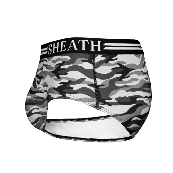 SHEATH polyester camo American briefs in gray and black tones, featuring dual pouch ergonomic support, breathable moisture-wicking fabric, anti-chafing design, and a branded black waistband with white stripes side view#color_winter-gray