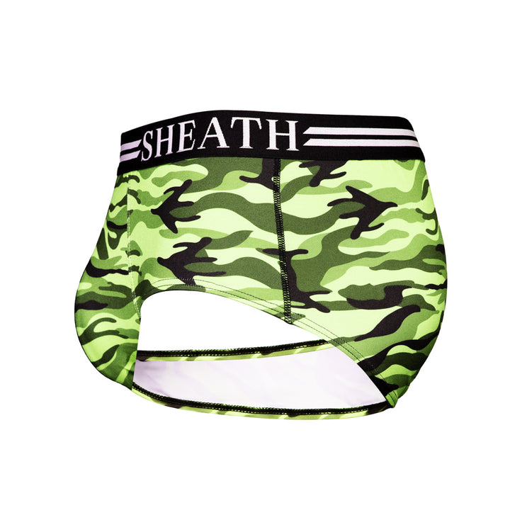 SHEATH green camo American briefs featuring dual pouch ergonomic design, breathable moisture-wicking fabric, anti-chafing comfort, and a branded elastic waistband with black trim. side view#color_forest-green