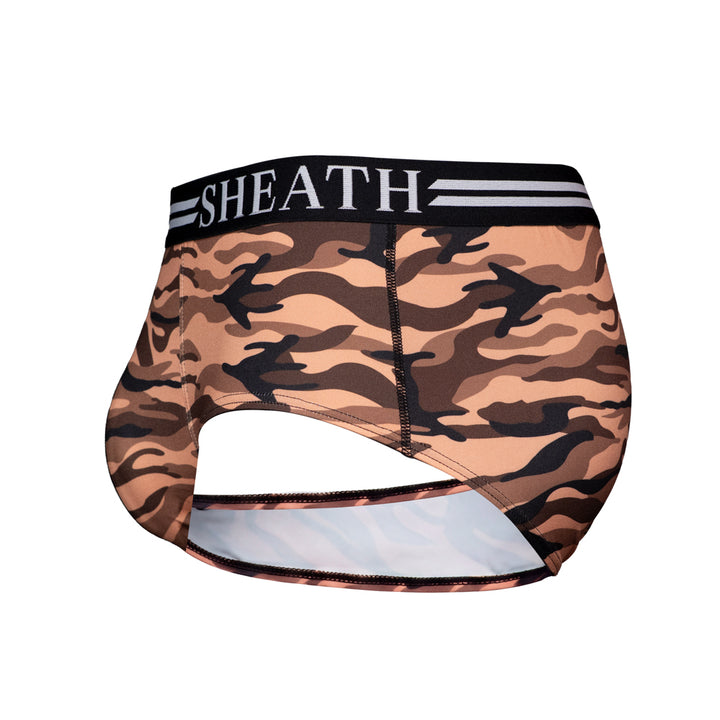 SHEATH red camo American briefs featuring dual pouch ergonomic design, breathable moisture-wicking fabric, anti-chafing comfort, and a branded elastic waistband with black trim. side view#color_desert-red