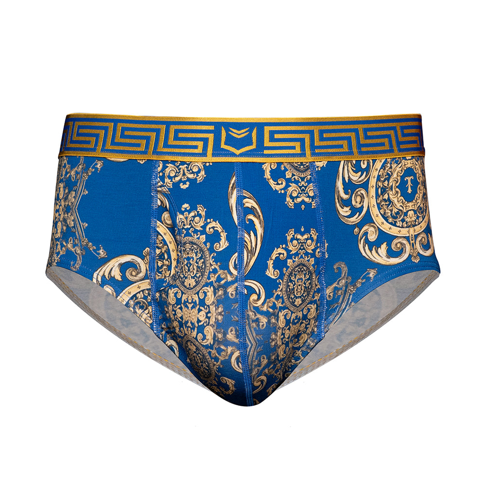 SHEATH scepter blue ornamental pattern men's brief featuring ergonomic dual pouch support, breathable modal fabric, moisture-wicking properties, and anti-chafing design for all-day comfort. front view#color_scepter-blue