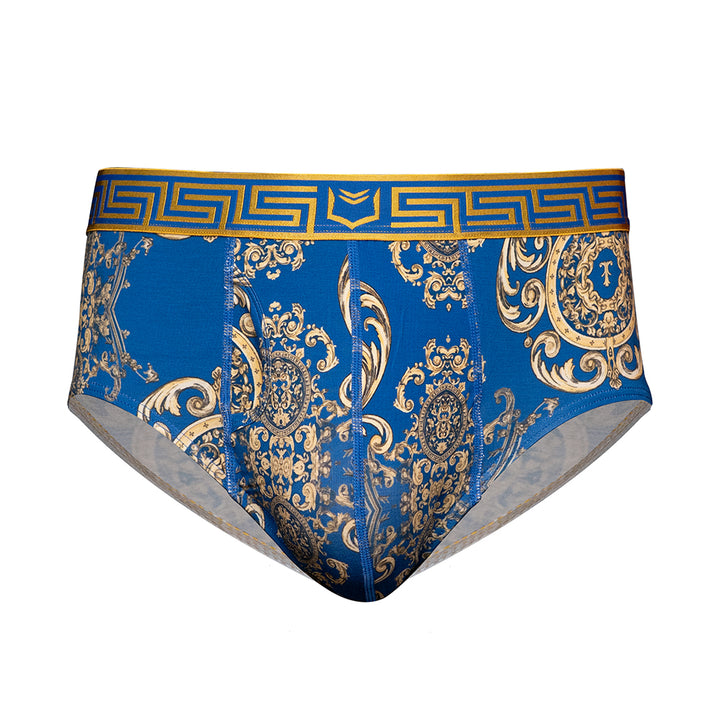 SHEATH scepter blue ornamental pattern men's brief featuring ergonomic dual pouch support, breathable modal fabric, moisture-wicking properties, and anti-chafing design for all-day comfort. front view#color_scepter-blue