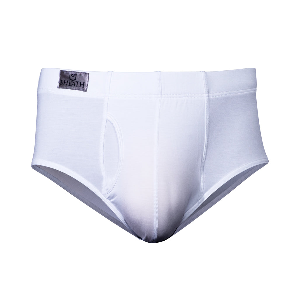 White fabric men's American cut briefs with a brand label on a white background