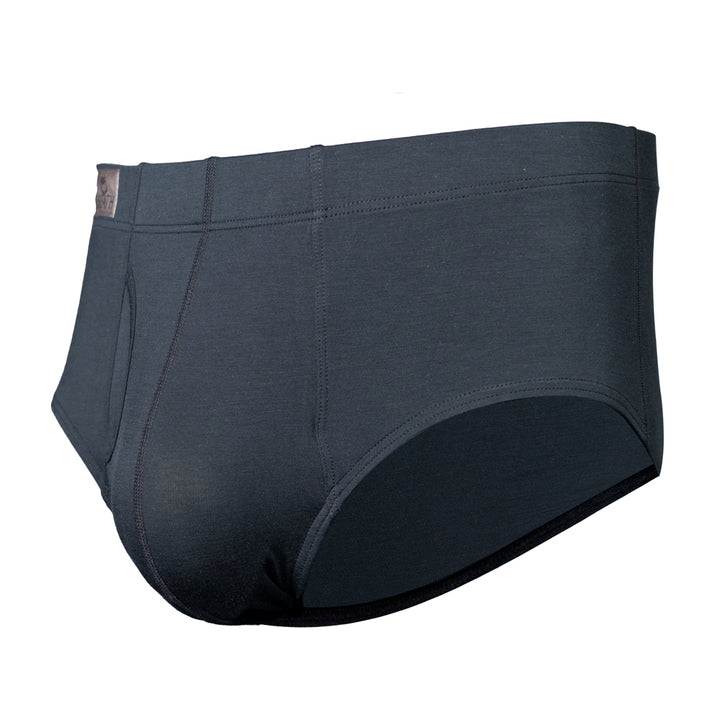 Black fabric men's American cut briefs with a brand label on a white background