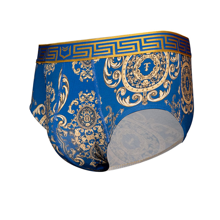 SHEATH scepter blue ornamental pattern american cut brief with ergonomic dual pouch design, crafted from breathable modal fabric offering moisture-wicking and anti-chafing comfort for all-day wear. left angle view#color_scepter-blue