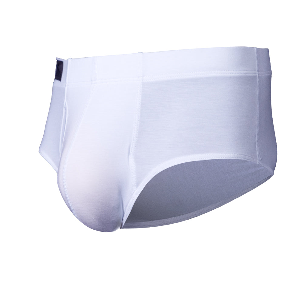 White fabric men's American cut briefs with a brand label on a white background