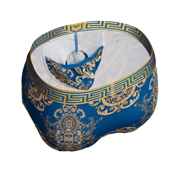 SHEATH scepter blue ornamental pattern american cut brief with ergonomic dual pouch support, made from breathable modal fabric designed for moisture-wicking and anti-chafing comfort. side view#color_scepter-blue