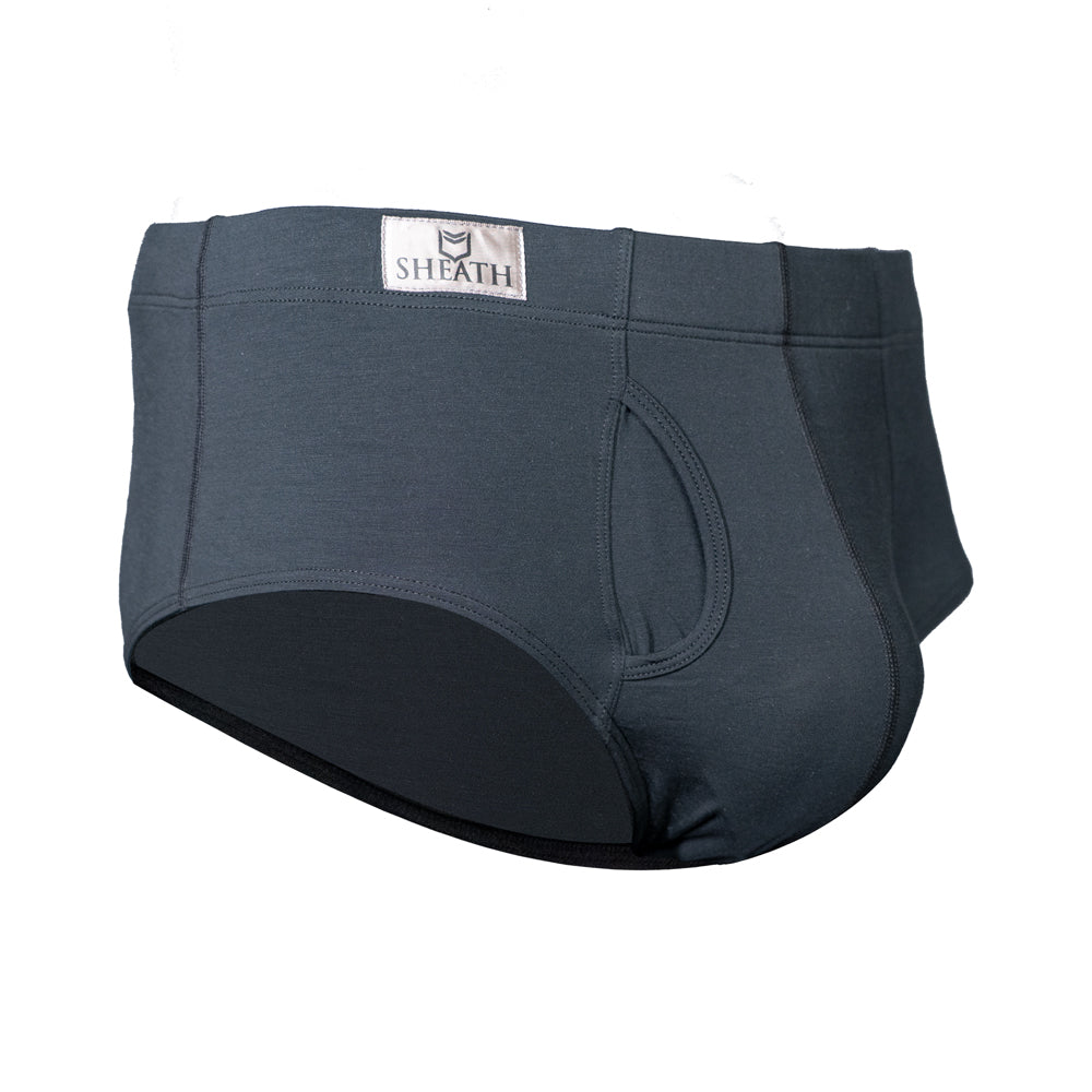Black fabric men's American cut briefs with a brand label on a white background