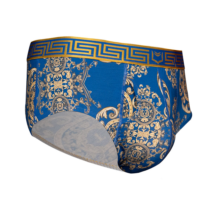 SHEATH scepter blue ornamental pattern american cut brief with ergonomic dual pouch support, breathable modal fabric, moisture-wicking properties, and anti-chafing design for all-day comfort and performance. right angle view#color_scepter-blue