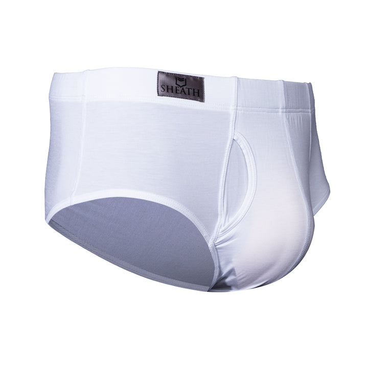 White fabric men's American cut briefs with a brand label on a white background