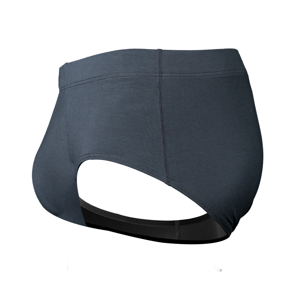 Black fabric men's American cut briefs with a brand label on a white background