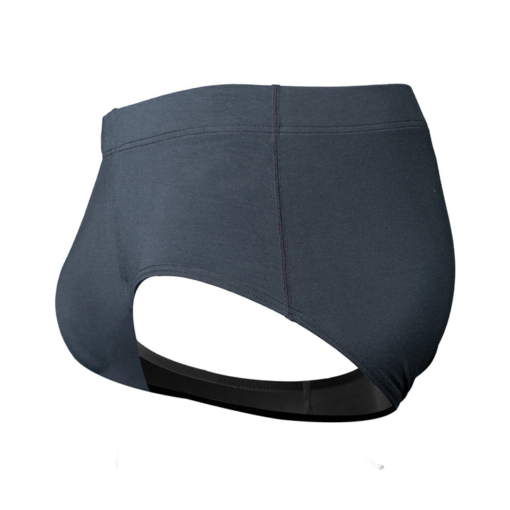 Black fabric men's American cut briefs with a brand label on a white background