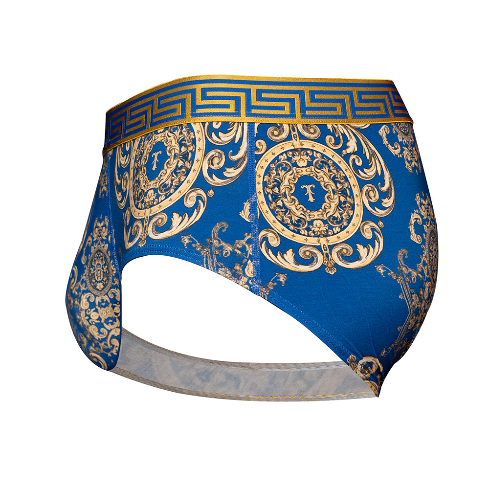 SHEATH scepter blue ornamental pattern american cut brief with ergonomic dual pouch support, made from breathable modal fabric designed for moisture-wicking and anti-chafing comfort. side view#color_scepter-blue