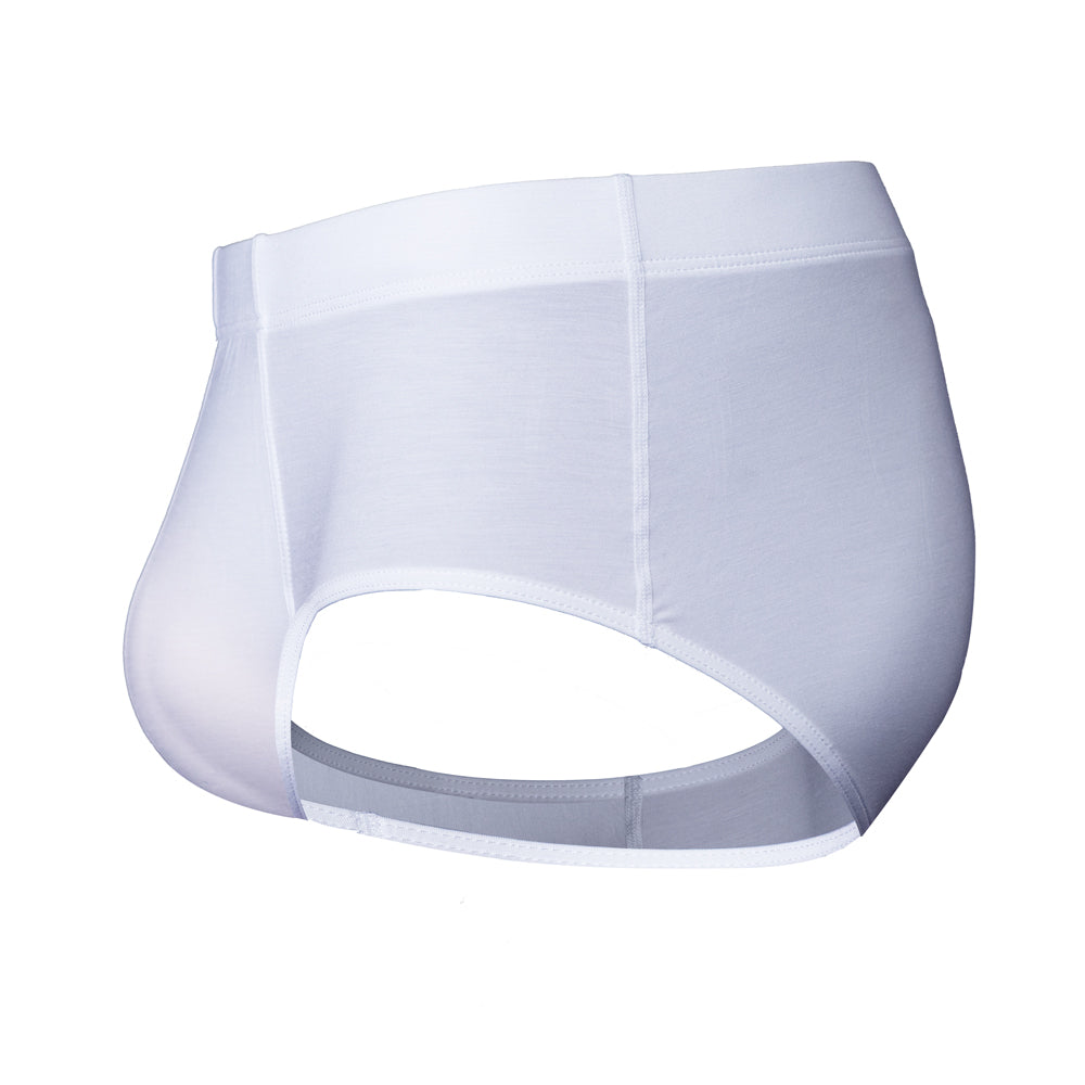 White fabric men's American cut briefs with a brand label on a white background