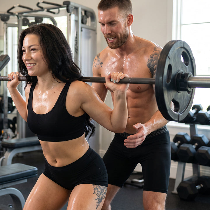 Male model exercising in gym while wearing SHEATH black boxer briefs with dual pouch ergonomic support, breathable moisture-wicking bamboo airflow mesh fabric, and anti-chafing design for all-day comfort and performance, posing alongside female model wearing matching women&