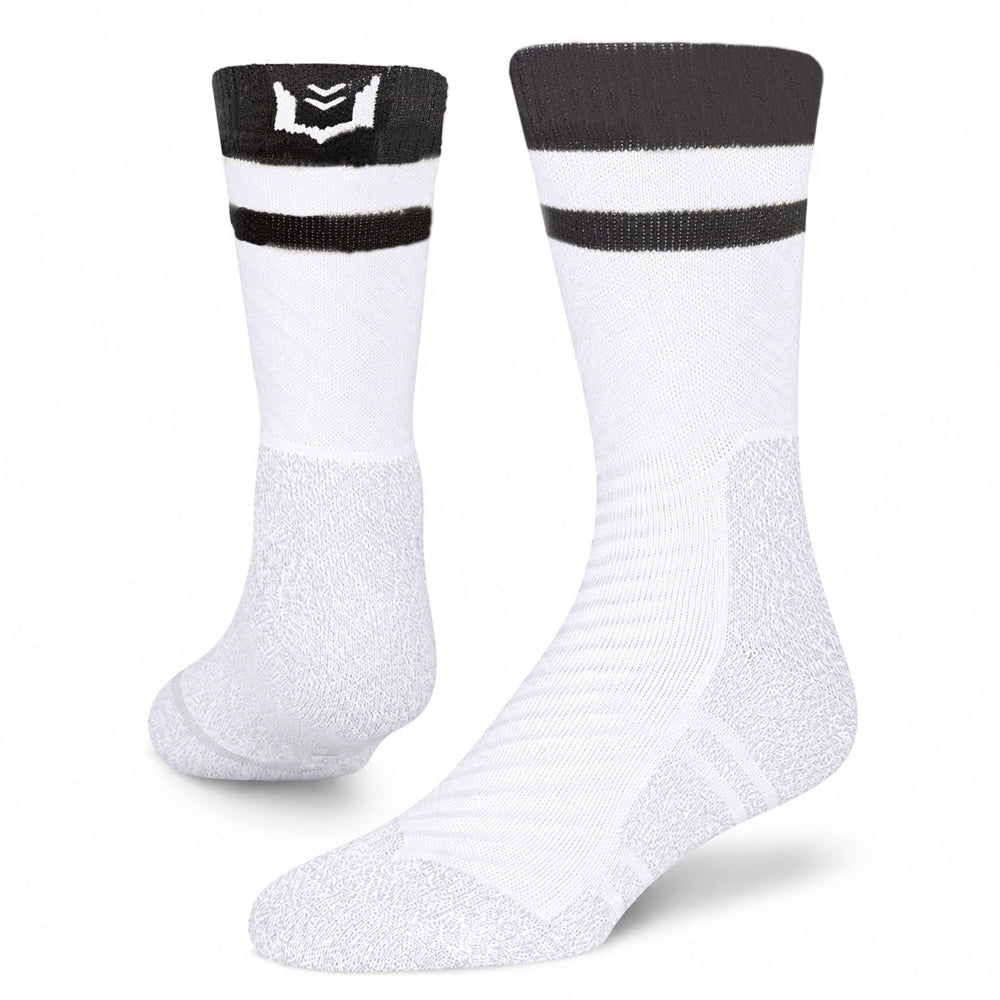 SHEATH Pair of white varsity crew socks with two black strips around calf featuring breathable fabric with subtle geometric pattern and cushioned support designed for active lifestyles and everyday comfort.