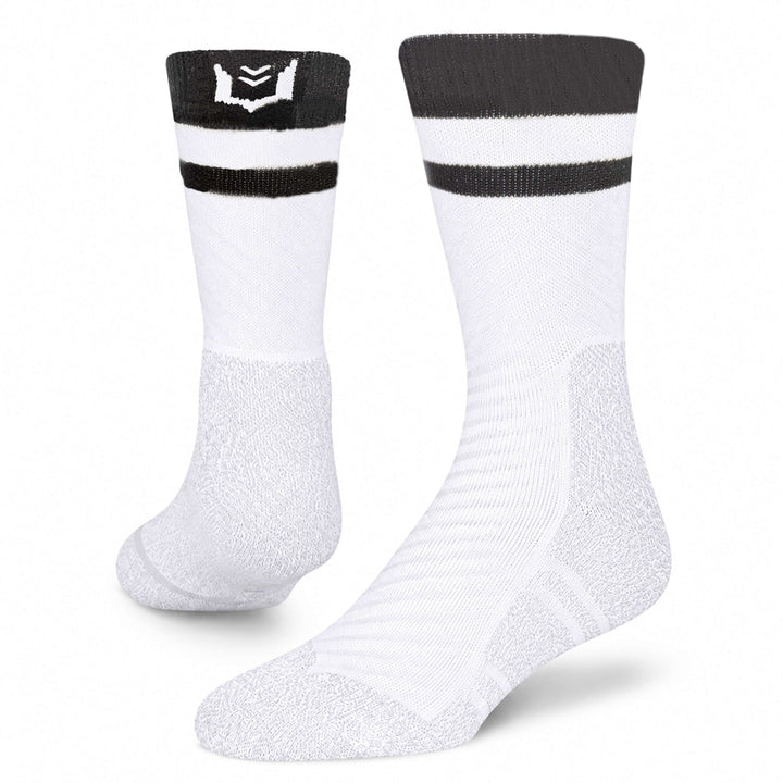 SHEATH Pair of white varsity crew socks with two black strips around calf featuring breathable fabric with subtle geometric pattern and cushioned support designed for active lifestyles and everyday comfort.